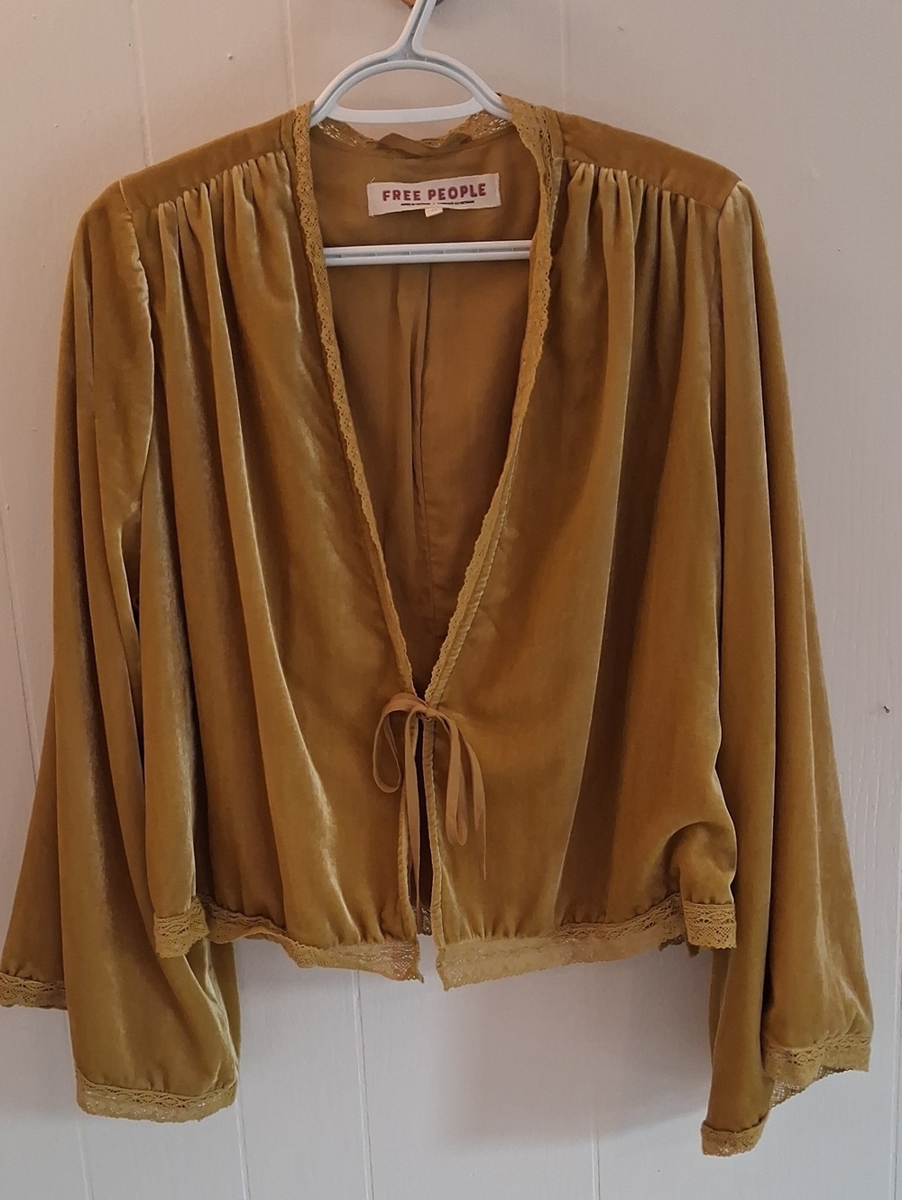 Free People Ochre Yellow Chartreuse Velvet Velour Tie-Front Bed Jacket Cardi